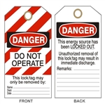 DANGER DO NOT OPERATE LOCK-OUT/TAG-OUT Tags - This Energy Source Has Been Locked Out - 6" X 3" Choose from Card Stock or Rigid Vinyl