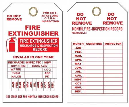 MONTHLY FIRE EXTINGUISHER RECHARGE / RE-INSPECTION Tag - 6" X 3" Choose from Card Stock or Rigid Vinyl