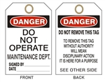 DANGER DO NOT OPERATE MAINTENANCE DEPARTMENT TAG - Accident Prevention Tags - 6" X 3" Card Stock or Rigid Vinyl