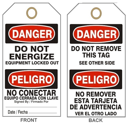 DANGER DO NOT ENERGIZE TAG - Bilingual Accident Prevention Tags - 6" X 3" Choose from Card Stock or Rigid Vinyl