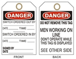 DANGER MEN WORKING ON LINE TAG - Switch Ordered Out By Tags - 6" X 3" Choose Card Stock or Rigid Vinyl