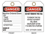 DANGER MACHINE ORDERED DOWN TAG - Accident Prevention Tags - 6" X 3" Choose from Card Stock or Rigid Vinyl