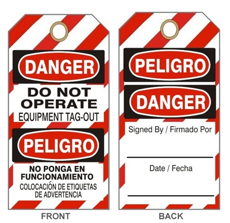 DANGER DO NOT OPERATE EQUIPMENT TAG-OUT TAG - Bilingual Lock Out Tags - Available in Card Stock or Rigid Vinyl