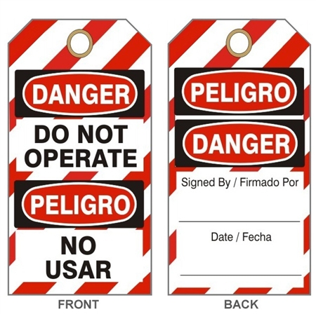 BILINGUAL DANGER DO NOT OPERATE LOCKOUT Tags - Standard - 6" X 3" Choose Card Stock or Rigid Vinyl