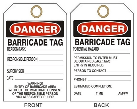 Barricade Tag SBTAR128,100PK Details about  / OSHA Danger//Peligro Safety Tags Tags By-The-Roll