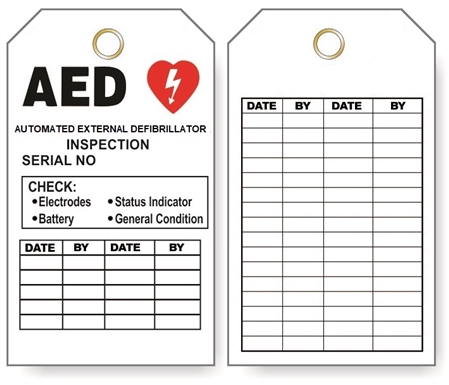 AUTOMATED EXTERNAL DEFIBRILLATOR INSPECTION RECORD Tag - 6" X 3" Choose from Card Stock or Rigid Vinyl