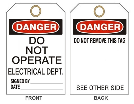 DANGER DO NOT OPERATE ELECTRICAL DEPT. TAG - Accident Prevention Tags - 6" X 3" Card Stock or Rigid Vinyl