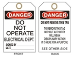 DANGER DO NOT OPERATE ELECTRICAL DEPARTMENT Tags - 6" X 3" Card Stock or Rigid Vinyl