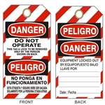 BILINGUAL DO NOT OPERATE, DANGER LOCKOUT Tsg - Striped Bilingual Lock Out Tags - 6" X 3" Card Stock or Rigid Vinyl