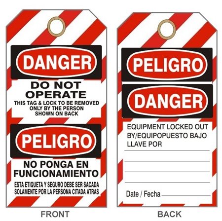 BILINGUAL DO NOT OPERATE, DANGER LOCKOUT Tsg - Striped Bilingual Lock Out Tags - 6" X 3" Card Stock or Rigid Vinyl
