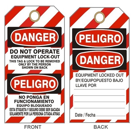 DANGER DO NOT OPERATE EQUIPMENT LOCKOUT Tag - Bilingual Lock Out Tags - 6" X 3" Choose Card Stock or Rigid Vinyl