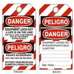 DANGER  EQUIPMENT A LIFE ON THE LINE, LOCK-OUT Tag - Bilingual Lock Out Tags - 6" X 3" Choose Card Stock or Rigid Vinyl