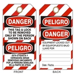 BILINGUAL LOCK OUT TAG - Striped Bilingual Accident Prevention Tags - 6" X 3" Choose Card Stock or Rigid Vinyl