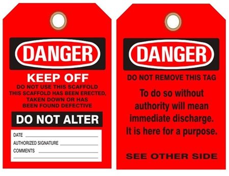 Danger Do Not Use This Scaffold Keep Off - OSHA Scaffolding Inspection Status Tags - Choose from Card Stock or Rigid Vinyl