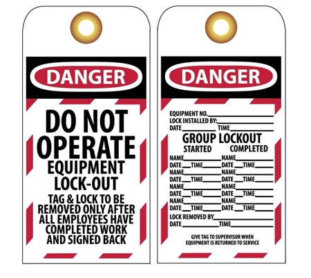 DANGER DO NOT OPERATE GROUP EQUIPMENT LOCK-OUT Tag - Accident Prevention Lockout Tags