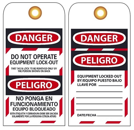 Bilingual DANGER DO NOT OPERATE EQUIPMENT LOCK-OUT - Accident Prevention Lockout Tags