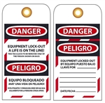 Bilingual DANGER EQUIPMENT LOCK-OUT A LIFE IS ON THE LINE - Accident Prevention Lockout Tags