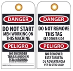 BILINGUAL DANGER DO NOT START MEN WORKING ON THIS MACHINE- Accident Prevention Tags