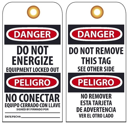 BILINGUAL DANGER DO NOT ENERGIZE - Vinyl Accident Prevention Tags