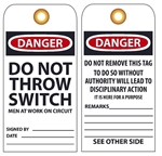 DANGER DO NOT THROW SWITCH MEN WORKING ON CIRCUIT - Vinyl Accident Prevention Tags