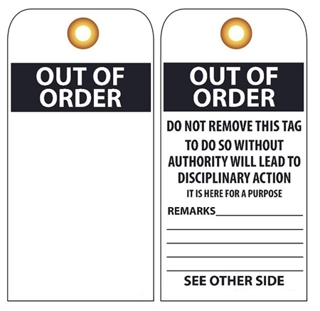 OUT OF ORDER - Vinyl Accident Prevention Tag