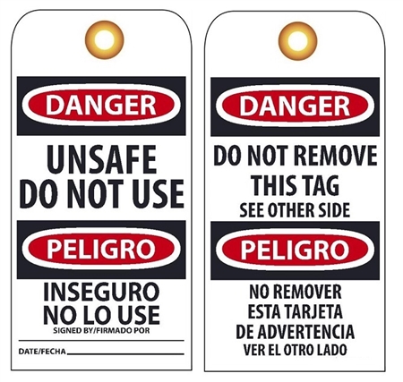 BILINGUAL DANGER UNSAFE DO NOT USE - Vinyl Accident Prevention Tags
