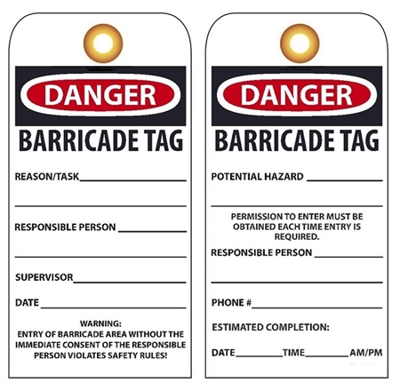 DANGER BARRICADE TAG - Vinyl Accident Prevention Tags