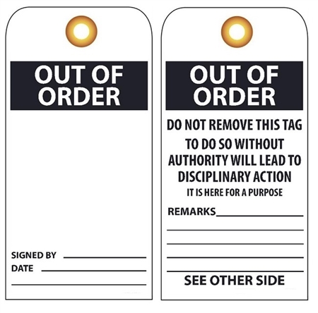 OUT OF ORDER - Vinyl Accident Prevention Tags