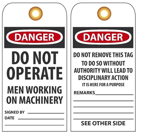 DANGER DO NOT OPERATE MEN WORKING ON MACHINERY - Rigid Vinyl Accident Prevention Tags