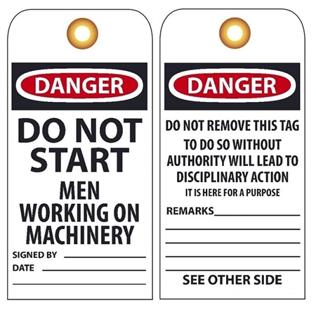 DANGER DO NOT START MEN WORKING ON MACHINERY - Rigid Vinyl Accident Prevention Tags