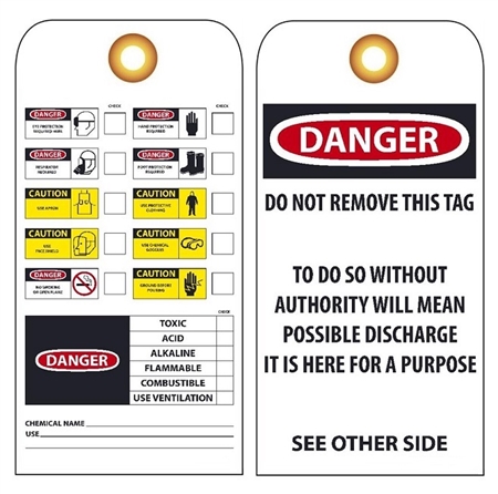 PERSONAL PROTECTION AND CHEMICAL HAZARD Tag - Vinyl Accident Prevention Tags
