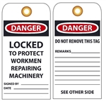DANGER LOCKED TO PROTECT WORKMEN REPAIRING MACHINERY - Vinyl Accident Prevention Tags